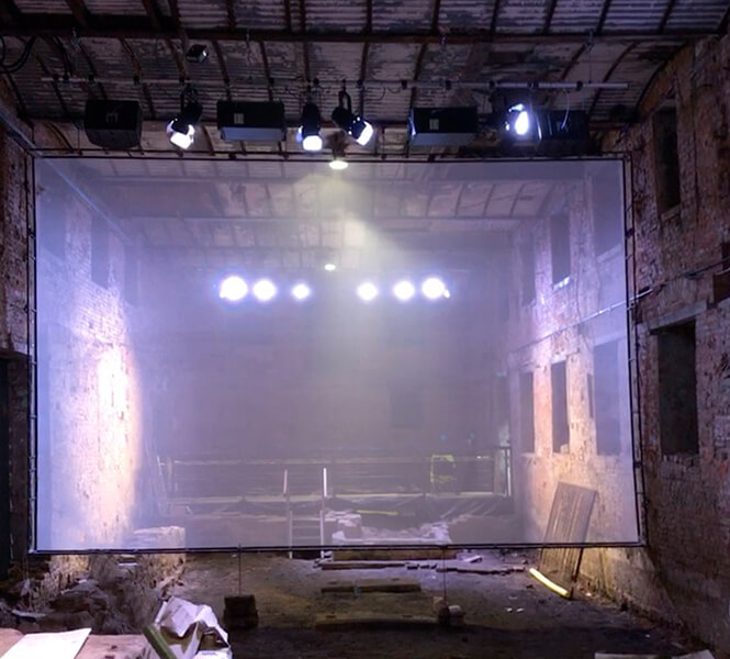 Sharks tooth gauze rear projection screen at Cromford mill museum